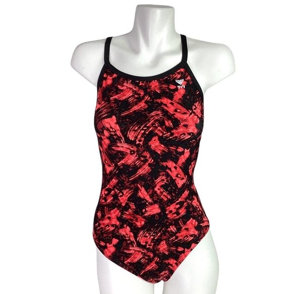 TYR Womens 34 Emulsion Diamondfit Swimsuit Fitted Red Black Lined Racerback - Picture 2 of 10